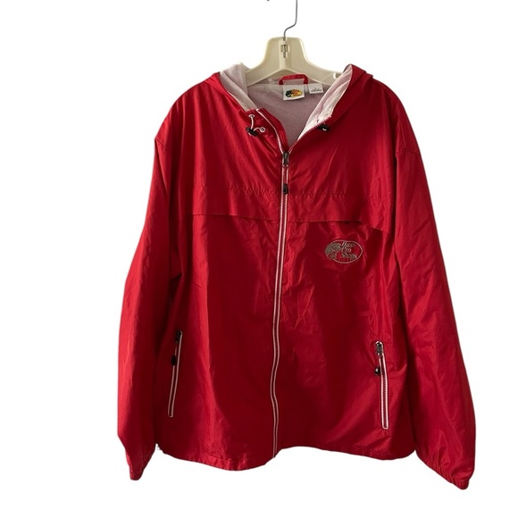 Bass Pro Shop Mens Jacket Red Wind BreakerHooded Zipped Long Sleeve Size L - Picture 1 of 8
